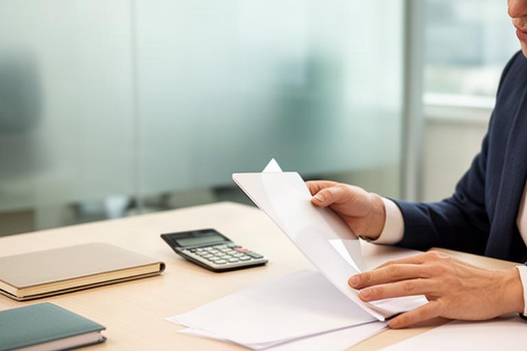 Finanzverantwortliche Person prüft Festgeldunterlagen an einem Schreibtisch in einem hellen Büro